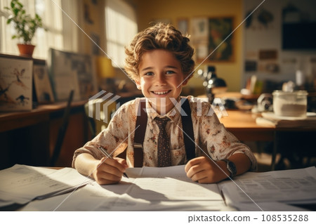 Close-up of handsome Caucasian elementary schoolboy wearing uniform sitting at desk in a cozy classroom. Happy smiling kid writing with a pen in notebook. Childhood, education and school concept. 108535288