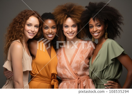 Half-length portrait of four cheerful young diverse multiethnic women. Female friends smiling at camera while posing together. Diversity, beauty, friendship concept. Isolated over grey background. 108535294