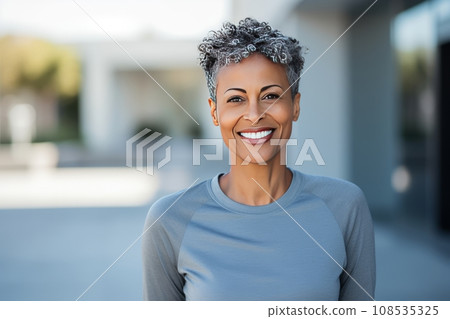 Close-up portrait of slender mature African American woman in sportswear while training outdoor. Attractive smiling black lady jogging or walking in city street. Active lifestyle in urban environment. Close-up portrait of slender mature African American woman in sportswear while training outdoor. Attractive smiling black lady jogging or walking in city street. Active lifestyle in urban environment. 108535325