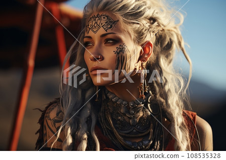 Close-up portrait of beautiful young long-haired girl with tattoos wearing a fantasy costume and crafted magic jewelry. Character of Scandinavian cult and mystic pagan rituals, charming witch. Close-up portrait of beautiful young long-haired girl with tattoos wearing a fantasy costume and crafted magic jewelry. Character of Scandinavian cult and mystic pagan rituals, charming witch. 108535328