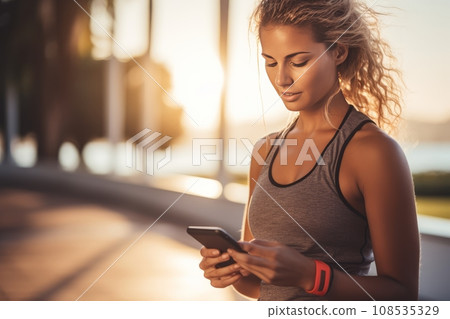 Young athletic Caucasian woman in sportswear using smartphone while training outdoors. Slender beautiful girl resting after jogging or workout in city street. Active lifestyle in urban environment. Young athletic Caucasian woman in sportswear using smartphone while training outdoors. Slender beautiful girl resting after jogging or workout in city street. Active lifestyle in urban environment. 108535329