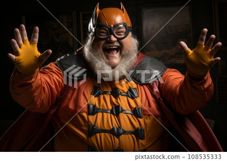Comic portrait of a fat grey bearded man in multi-colored superhero costume and helmet. Funny smiling dude portrays the mighty friendly Batman and ready to hug everyone. Dark blurred background. Comic portrait of a fat grey bearded man in multi-colored superhero costume and helmet. Funny smiling dude portrays the mighty friendly Batman and ready to hug everyone. Dark blurred background. 108535333