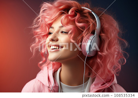 Close-up portrait of happy teenage Caucasian girl with pink hair wearing headphones. Pretty girl in a hoodie with charming smile listening to music, having fun, relaxing. Blurred pink background. Close-up portrait of happy teenage Caucasian girl with pink hair wearing headphones. Pretty girl in a hoodie with charming smile listening to music, having fun, relaxing. Blurred pink background. 108535334