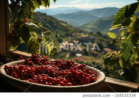 A lush coffee plantation, embodying a peaceful, warm, and sunny atmosphere. Wooden bowls filled with red unprocessed coffee beans. Generative Ai 108535339