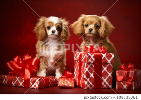 Cute pets dressed in holiday attire, playing with gift wrapping. Festive background. Generative AI Cute pets dressed in holiday attire, playing with gift wrapping. Festive background. Generative AI 108535361