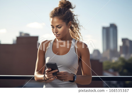 Young athletic Hispanic woman in sportswear with smartphone while training outdoors. Slender swarthy girl resting after jogging or workout in city street. Active lifestyle in urban environment. Young athletic Hispanic woman in sportswear with smartphone while training outdoors. Slender swarthy girl resting after jogging or workout in city street. Active lifestyle in urban environment. 108535387