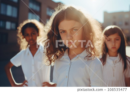 Multiethnic group of schoolchildren with their leader looking at camera with an angry and frustrated expression. Kids are upset and intending to stand up for their rights. Diversity and communication. Multiethnic group of schoolchildren with their leader looking at camera with an angry and frustrated expression. Kids are upset and intending to stand up for their rights. Diversity and communication. 108535477