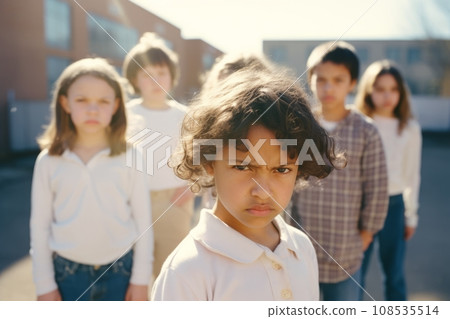 Multiethnic group of schoolchildren with their leader looking at camera with an angry and frustrated expression. Kids are upset and intending to stand up for their rights. Diversity and communication. Multiethnic group of schoolchildren with their leader looking at camera with an angry and frustrated expression. Kids are upset and intending to stand up for their rights. Diversity and communication. 108535514