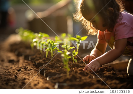 Beautiful little Caucasian girl bending over tiny green sprouts in plant nursery. Adorable child studies and cares for plants. Fostering love of nature and concern for environment from childhood. Beautiful little Caucasian girl bending over tiny green sprouts in plant nursery. Adorable child studies and cares for plants. Fostering love of nature and concern for environment from childhood. 108535526