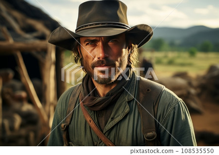 Portrait of mature man in cowboy clothes and hat against the background of wild west rancho. An experienced man with a weathered face looking confidently at camera. Real courageous cowboy. Portrait of mature man in cowboy clothes and hat against the background of wild west rancho. An experienced man with a weathered face looking confidently at camera. Real courageous cowboy. 108535550