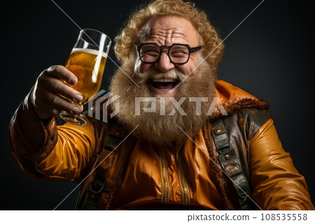 Comic portrait of a fat redhead bearded man in yellow superhero costume wearing glasses with a glass of beer. Funny smiling dude portrays the friendly Superman and proposing a toast. Black background. 108535558