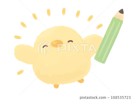 手繪風格插圖,微笑的小雞拿著鉛筆 手繪風格插圖,微笑的小雞拿著鉛筆 108535723