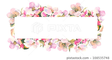 Watercolour illustration, delicate branch of an apple tree with flowers and leaves. Horisontal frame with Spring pink flowers, with empty plase for you text 108535748
