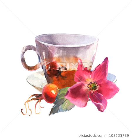 watercolor illustration, cup decorated with pink dog rose flowers and red berries. 108535789