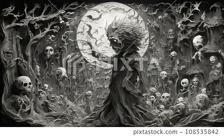 Dark trees moon kirigami. Scary man and skulls Dark trees moon kirigami. Scary man and skulls 108535842