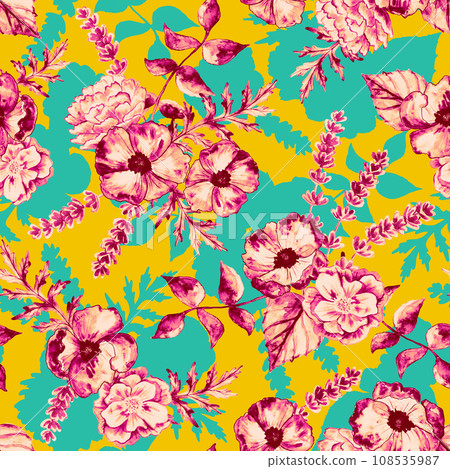 Romantic floral seamless pattern with watercolor motifs. Pretty luxury textured background with flowers and leaves. Repeated botanical design for print, fabric, textile. Romantic floral seamless pattern with watercolor motifs. Pretty luxury textured background with flowers and leaves. Repeated botanical design for print, fabric, textile. 108535987