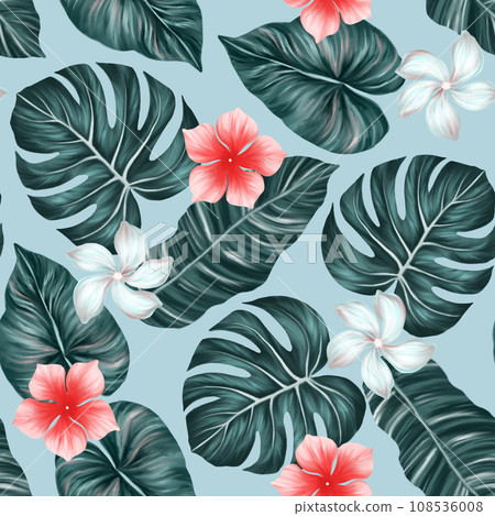 Tropical seamless pattern. Colorful vivid print with beautiful palm jungle leaves and flowers. Repeated luxury design for packaging, cosmetic, fashion, textile, wallpaper. Realistic high quality 108536008