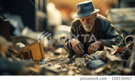 An old man is sitting on the floor looking through a pile of junk, AI 108536067