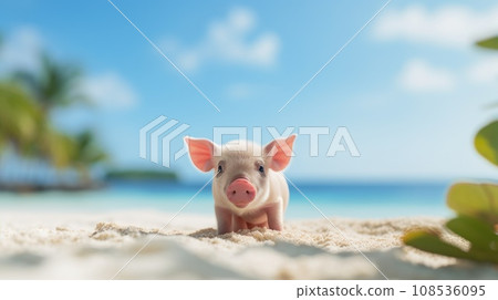 A small pig standing on the beach with palm trees, AI 108536095