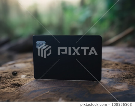 Black bank credit card on wooden stump in the forest AI 108536508