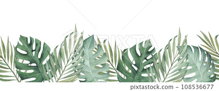 Monstera and palm tropical leaves. Watercolor seamless border with hand drawn illustration. Clipart for packaging design, postcards, prints. Isolated object without background 108536677