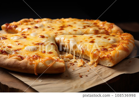 Four cheese pizza cheesy. White creamy hot cheese close up 108536998