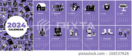 Multipage Calendar template for 2024. Vertical design doodles of four seasons activities. Editable pages with vector black and white illustrations, set of 12 months with cover. Week starting on Monday 108537626