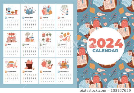 Cute and cozy 2024 calendar template with hand drawn four seasons elements. Week starting on Sunday. Ready to print. Cute vector illustrations in flat style. Cute and cozy 2024 calendar template with hand drawn four seasons elements. Week starting on Sunday. Ready to print. Cute vector illustrations in flat style. 108537639