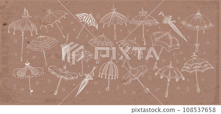 Collection of doodle vintage umbrellas on brown parcel paper background. Vector sketch illustration. 108537658