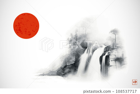 Misty landscape with a serene forest waterfall and big red sun on white background. Traditional oriental ink painting sumi-e, u-sin, go-hua. Translation of hieroglyph - spirit Misty landscape with a serene forest waterfall and big red sun on white background. Traditional oriental ink painting sumi-e, u-sin, go-hua. Translation of hieroglyph - spirit 108537717