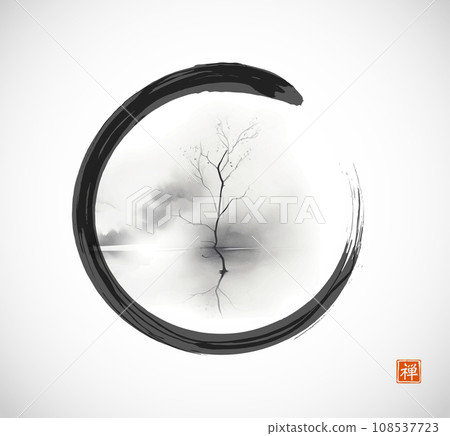 Ink painting of landscape with tree on misty island in black enso zen circle. Traditional oriental ink painting sumi-e, u-sin, go-hua. Translation of hieroglyph - zen 108537723