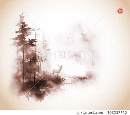 Ink painting of deer in a misty forest. Traditional Japanese ink wash painting sumi-e in vintage style. Translation of hieroglyph - silence Ink painting of deer in a misty forest. Traditional Japanese ink wash painting sumi-e in vintage style. Translation of hieroglyph - silence 108537730