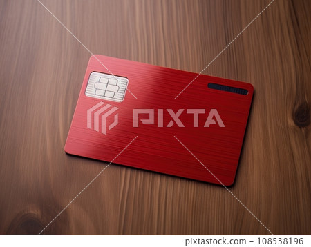 Red bank credit card on wooden table isolated AI 108538196