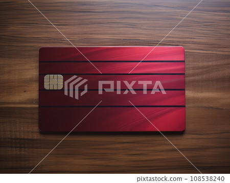 Red bank credit card on wooden table isolated AI 108538240
