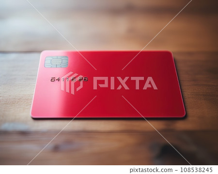 Red bank credit card on wooden table isolated AI 108538245