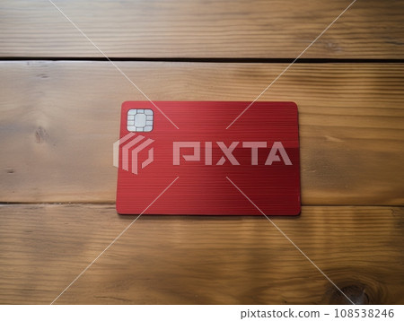 Red bank credit card on wooden table isolated AI 108538246