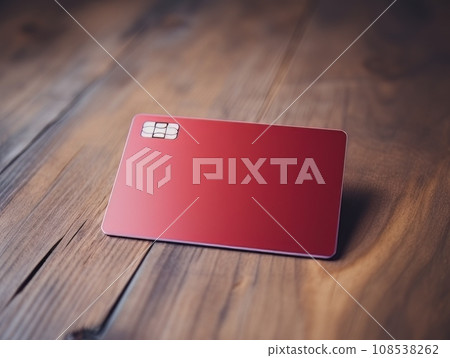 Red bank credit card on wooden table isolated AI 108538262