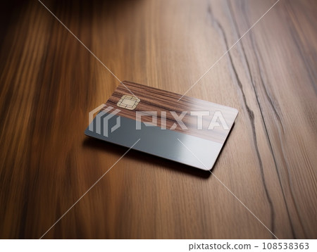 Brown bank credit card on wooden table isolated AI 108538363