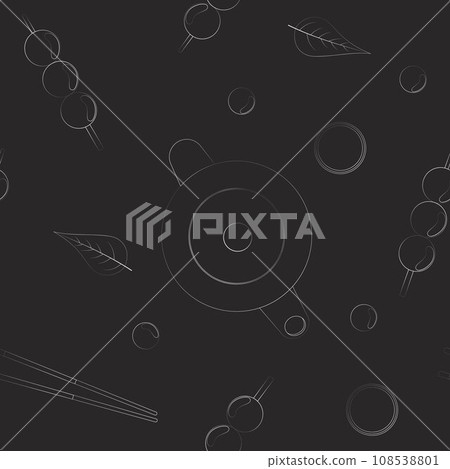 Japanese seamless pattern. Pattern with tea and japanese dango. Asian cuisine.. Black and white background. Japanese seamless pattern. Pattern with tea and japanese dango. Asian cuisine.. Black and white background. 108538801
