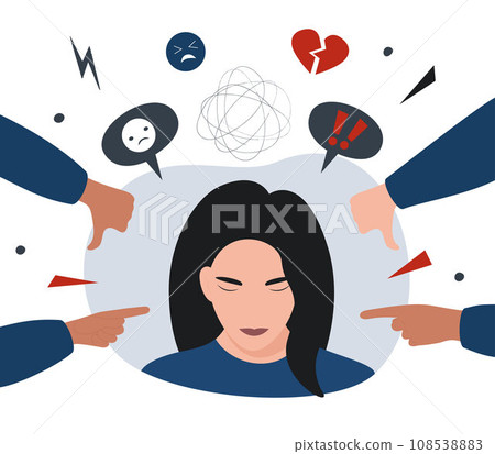 Bullying concept. Opinion and the pressure of society. Shame. Flat vector illustration of hate, violence, stress. Teen girl or woman with a broken heart. Bullying concept. Opinion and the pressure of society. Shame. Flat vector illustration of hate, violence, stress. Teen girl or woman with a broken heart. 108538883
