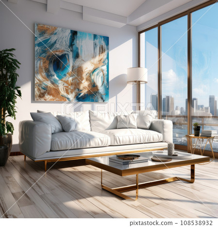 Modern bright interior of the living room with a sofa and a coffee table, a painting on the wall and a floor lamp near the large window in the apartments Modern bright interior of the living room with a sofa and a coffee table, a painting on the wall and a floor lamp near the large window in the apartments 108538932