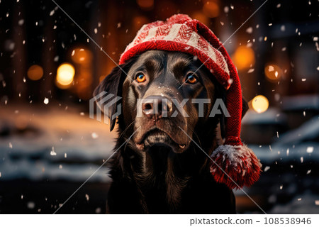 Chocolate labrador in a santa claus hat against the background of festive lights Chocolate labrador in a santa claus hat against the background of festive lights 108538946