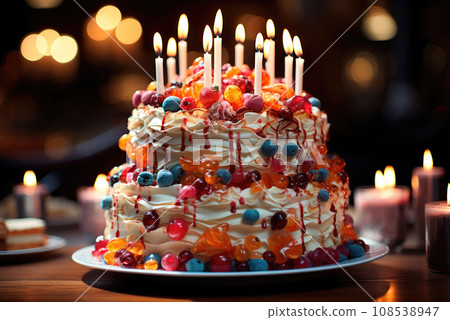 Colorful birthday cake with a candle on the festive table 108538947