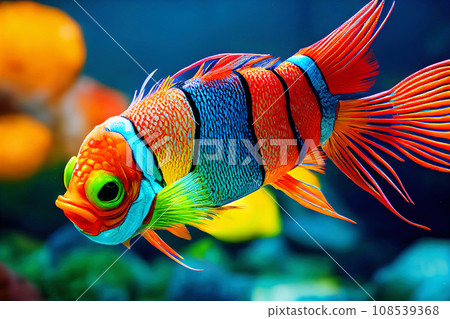 Bright orange beautiful fish swims underwater. Striped colorful realistic fish. AI-generated Bright orange beautiful fish swims underwater. Striped colorful realistic fish. AI-generated 108539368