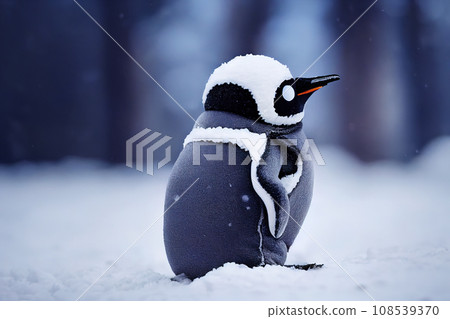 Snowy greetings from our playful penguin pal. Close-up winter wonderland scene. AI-generated Snowy greetings from our playful penguin pal. Close-up winter wonderland scene. AI-generated 108539370