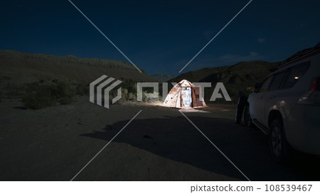 Camping on a bright starry night in the mountains Camping on a bright starry night in the mountains 108539467