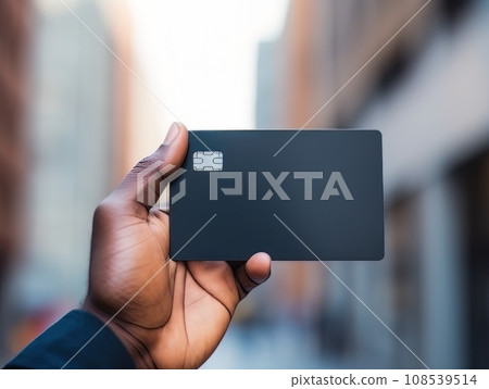 Male hand holding a black bank card outdoors AI Male hand holding a black bank card outdoors AI 108539514