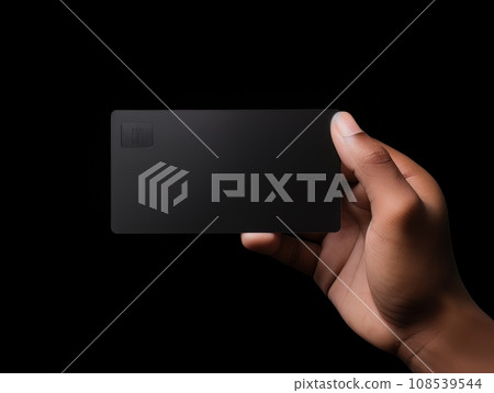 Male hand holding a black bank card on a black background AI 108539544