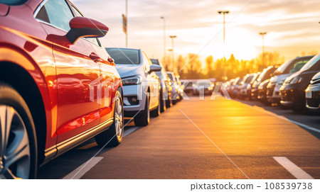 Car parked at outdoor parking lot. Used car for sale and rental service. Car insurance background. Automobile parking area. Car dealership and dealer agent concept. Automotive industry. Generative AI. Car parked at outdoor parking lot. Used car for sale and rental service. Car insurance background. Automobile parking area. Car dealership and dealer agent concept. Automotive industry. Generative AI. 108539738