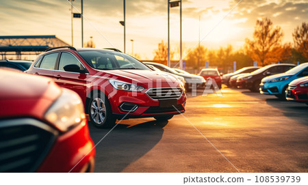 Car parked at outdoor parking lot. Used car for sale and rental service. Car insurance background. Automobile parking area. Car dealership and dealer agent concept. Automotive industry. Generative AI. 108539739